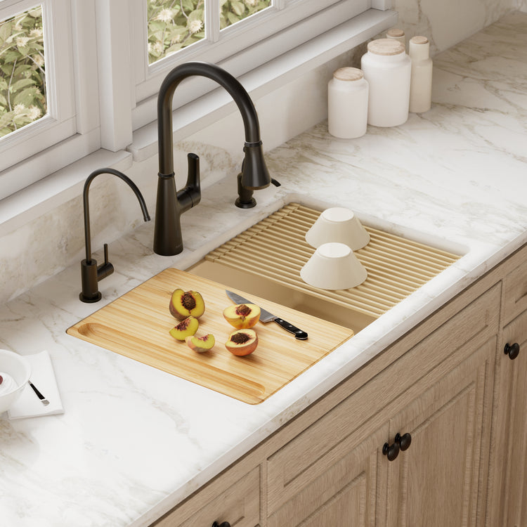 31-3/8" Undermount Large Single Bowl Quartz Composite Workstation Kitchen Sink Kit In Bisque