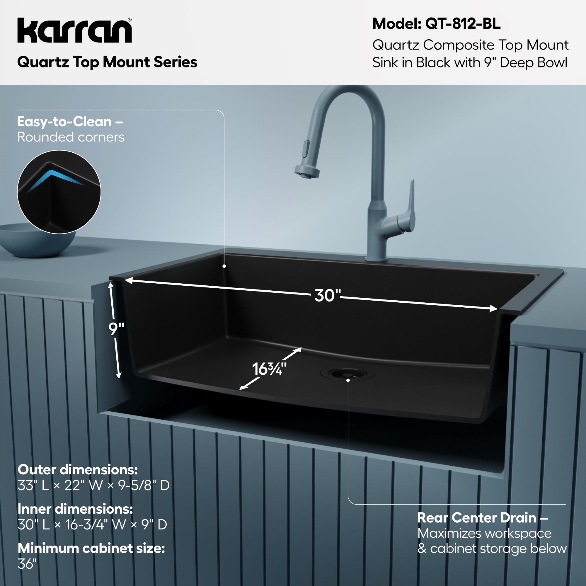 Karran QT-812 Top Mount 33 in. Large Single Bowl Quartz Kitchen