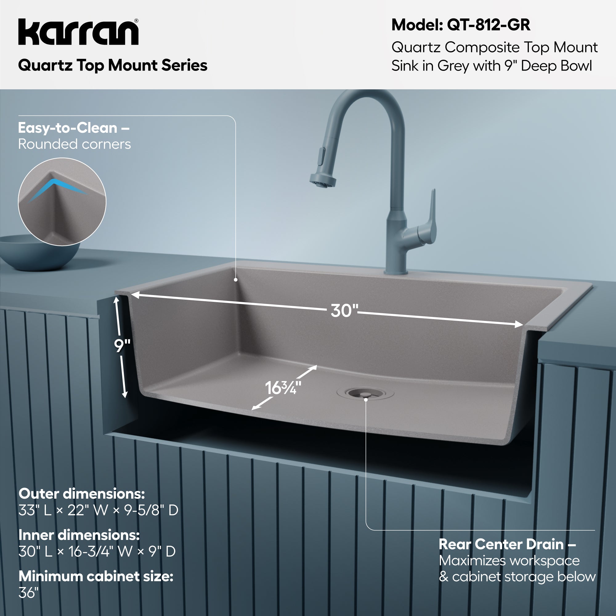 Karran QT-812 Top Mount 33 in. Large Single Bowl Quartz Kitchen