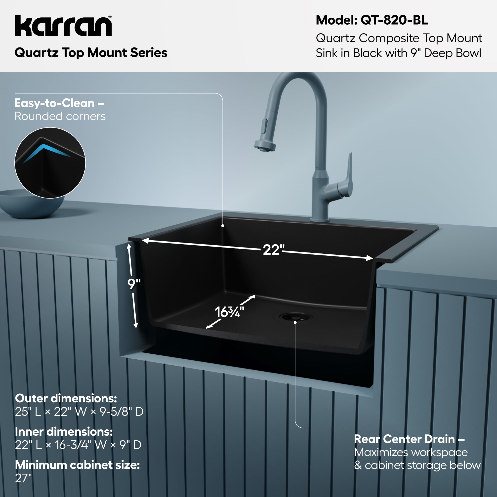 Karran QT-820 Top Mount 25 in. Single Bowl Quartz Kitchen Sink