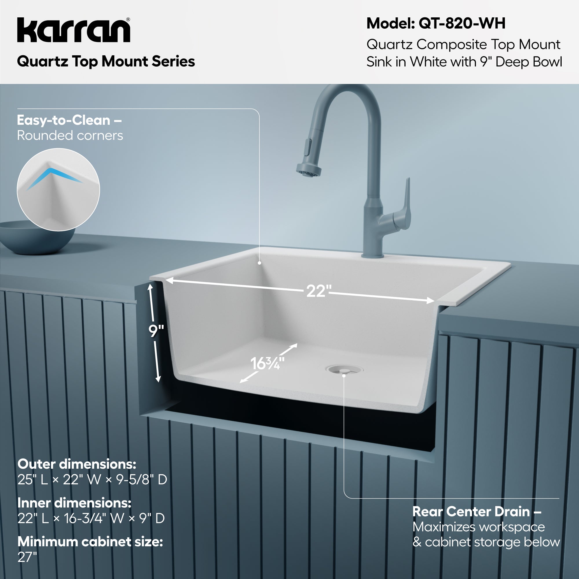 Karran QT-820 Top Mount 25 in. Single Bowl Quartz Kitchen Sink