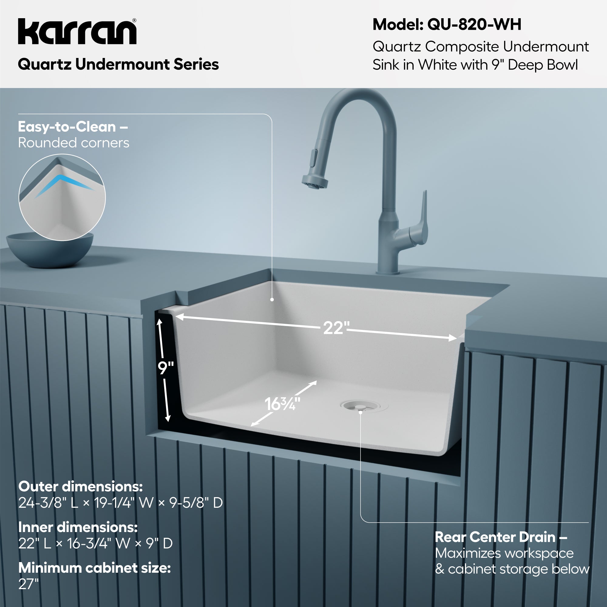Karran QT-820 Top Mount 25 in. Single Bowl Quartz Kitchen Sink