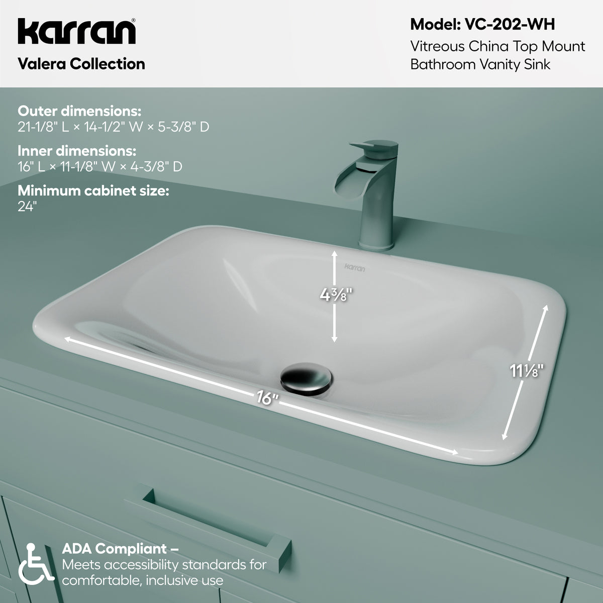 VC-202 Valera Top Mount 21 inch Vitreous China Bathroom Vessel 