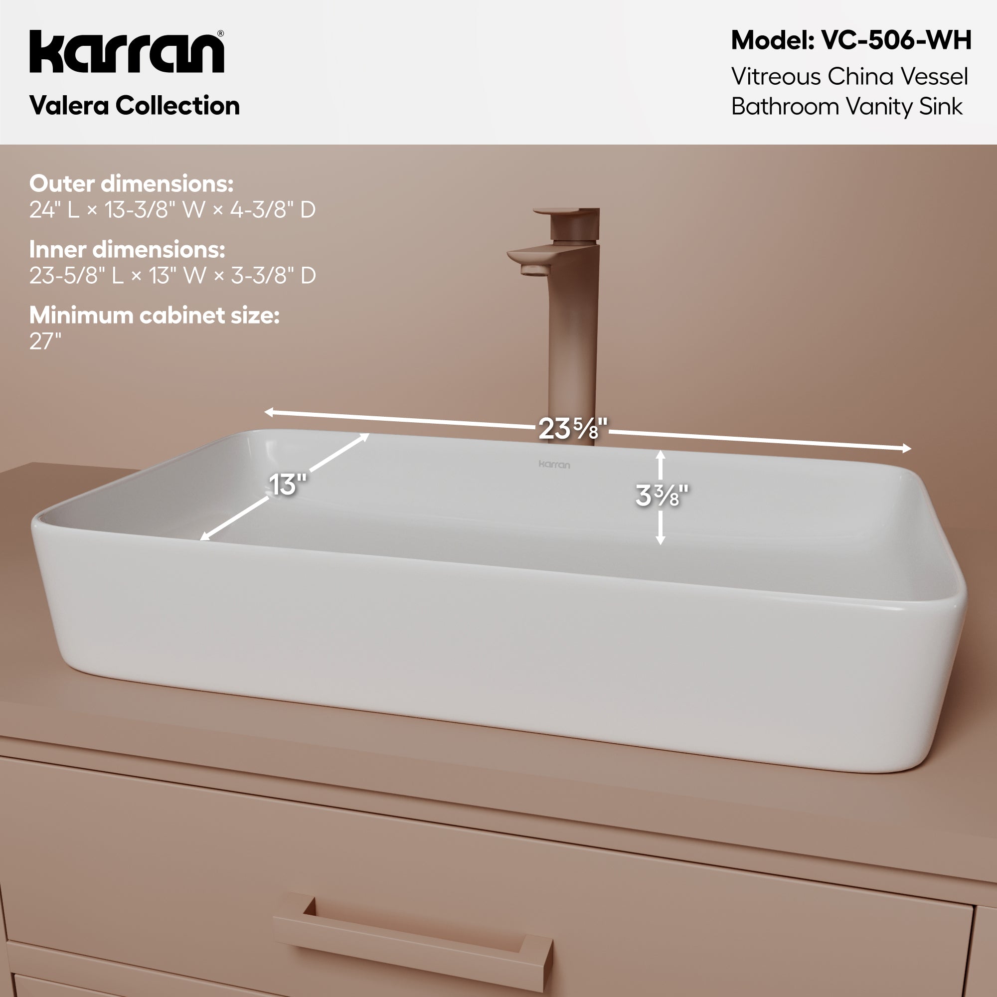 VC-506 Valera 24 inch Vitreous China Bathroom Vessel Sink in White