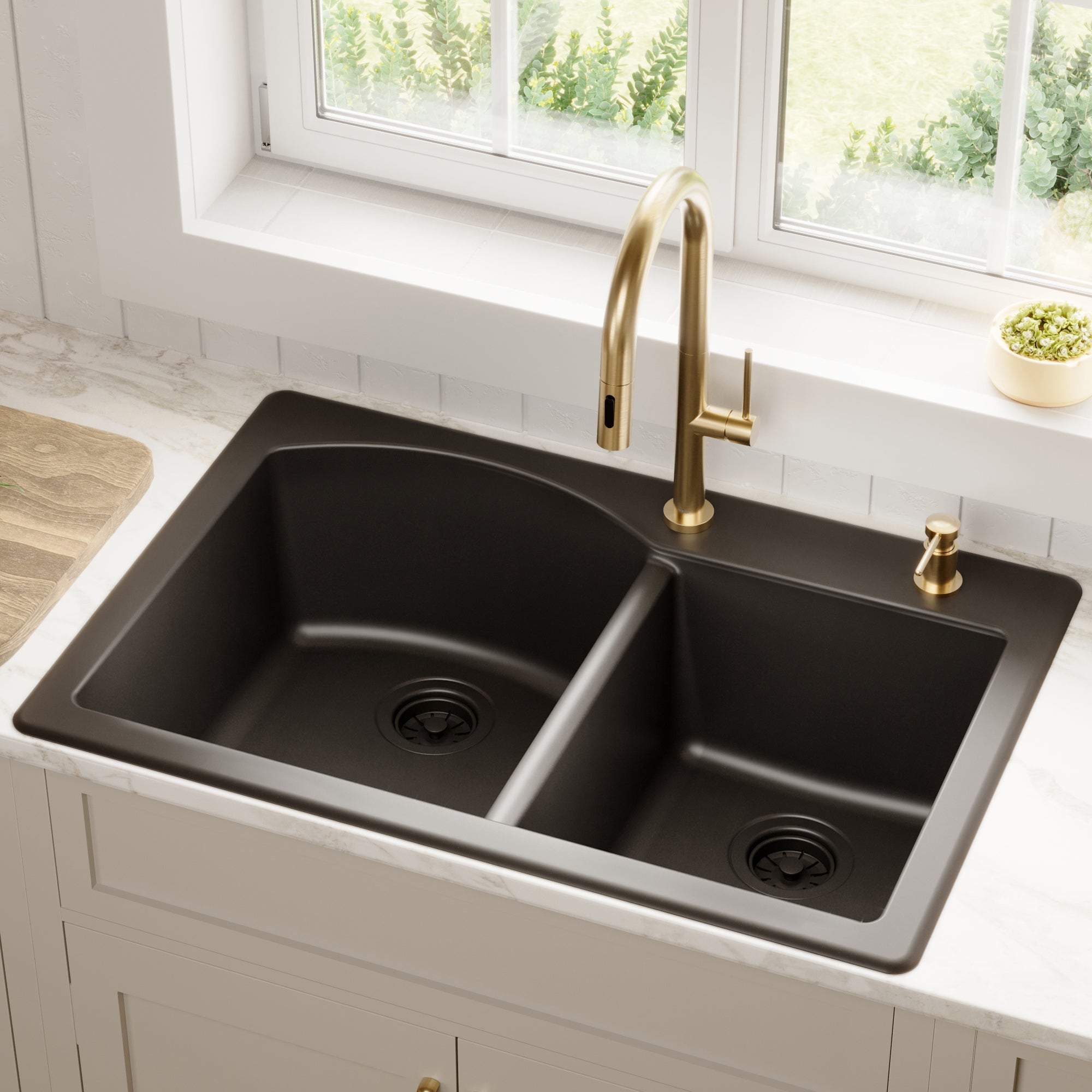 QT-610 Drop-In Quartz Composite 33 in. 1-Hole 60/40 Double Bowl