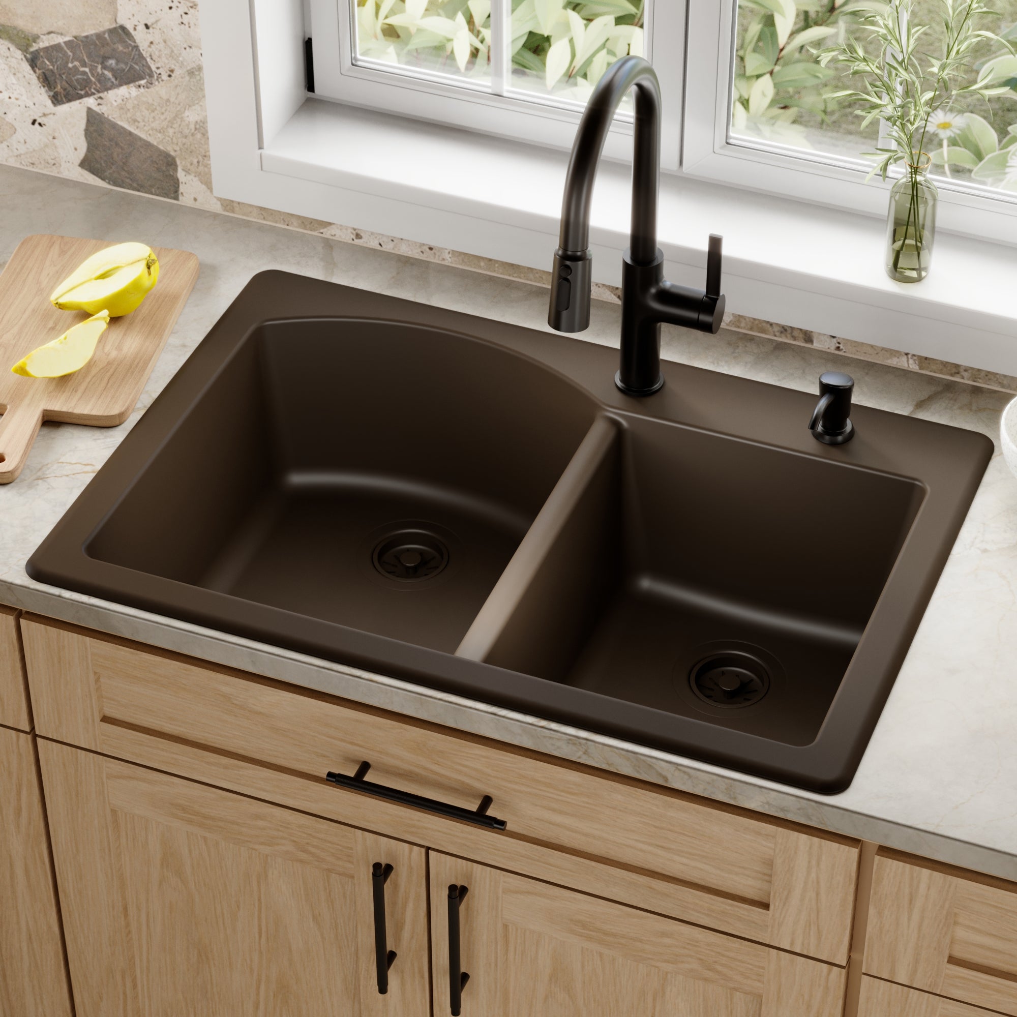 QT-610 Drop-In Quartz Composite 33 in. 1-Hole 60/40 Double Bowl
