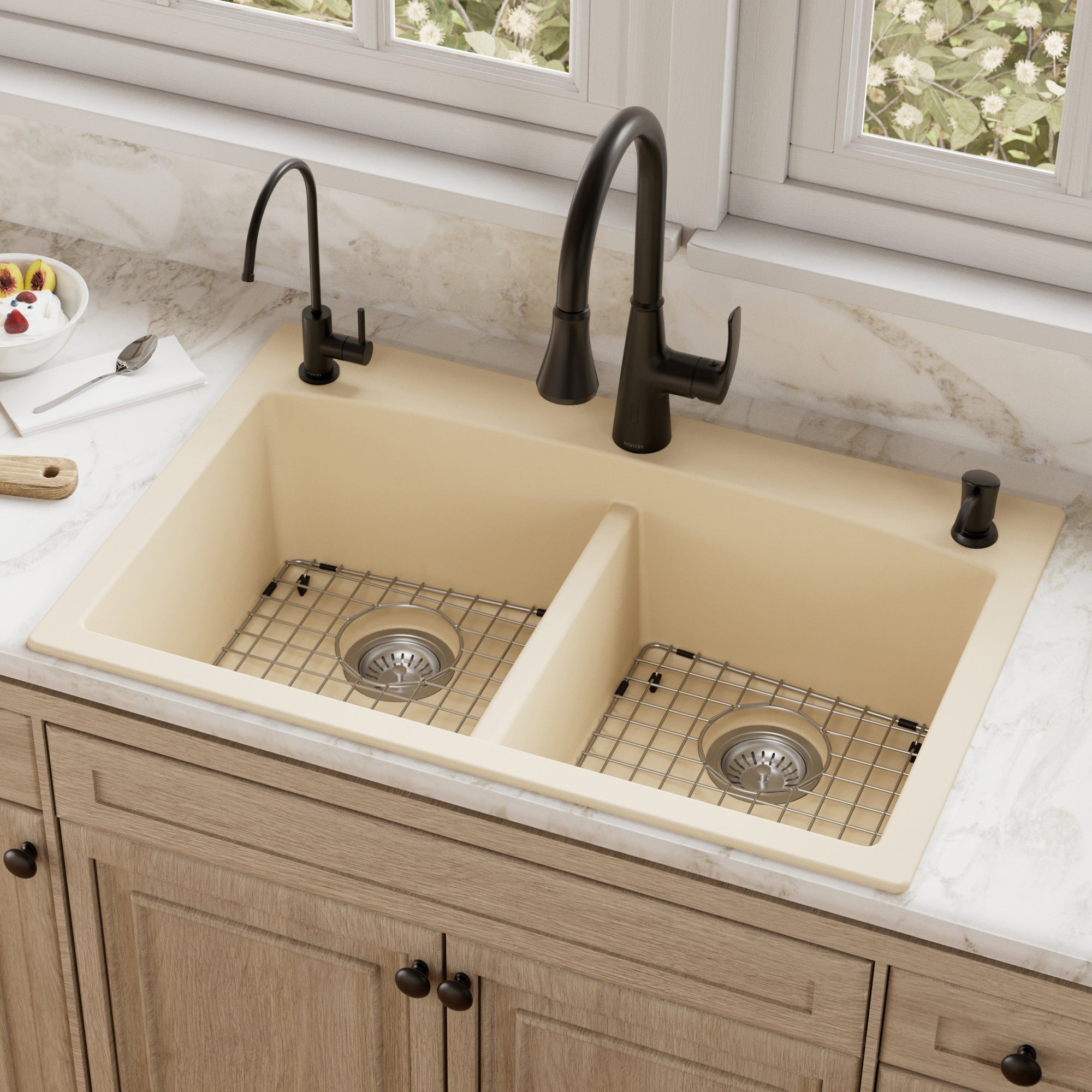 QT-710-Drop-in Quartz Composite 33 inch 50/50 Double Bowl Kitchen