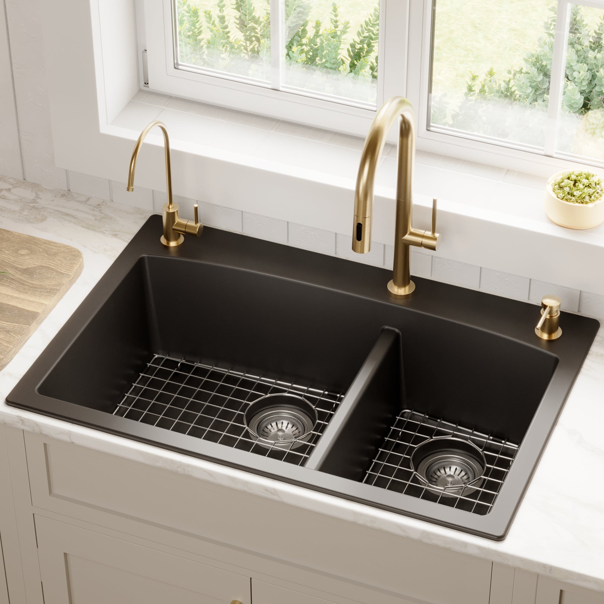 QT-711-Drop-In Quartz Composite 33 inch 60/40 Double Bowl Kitchen