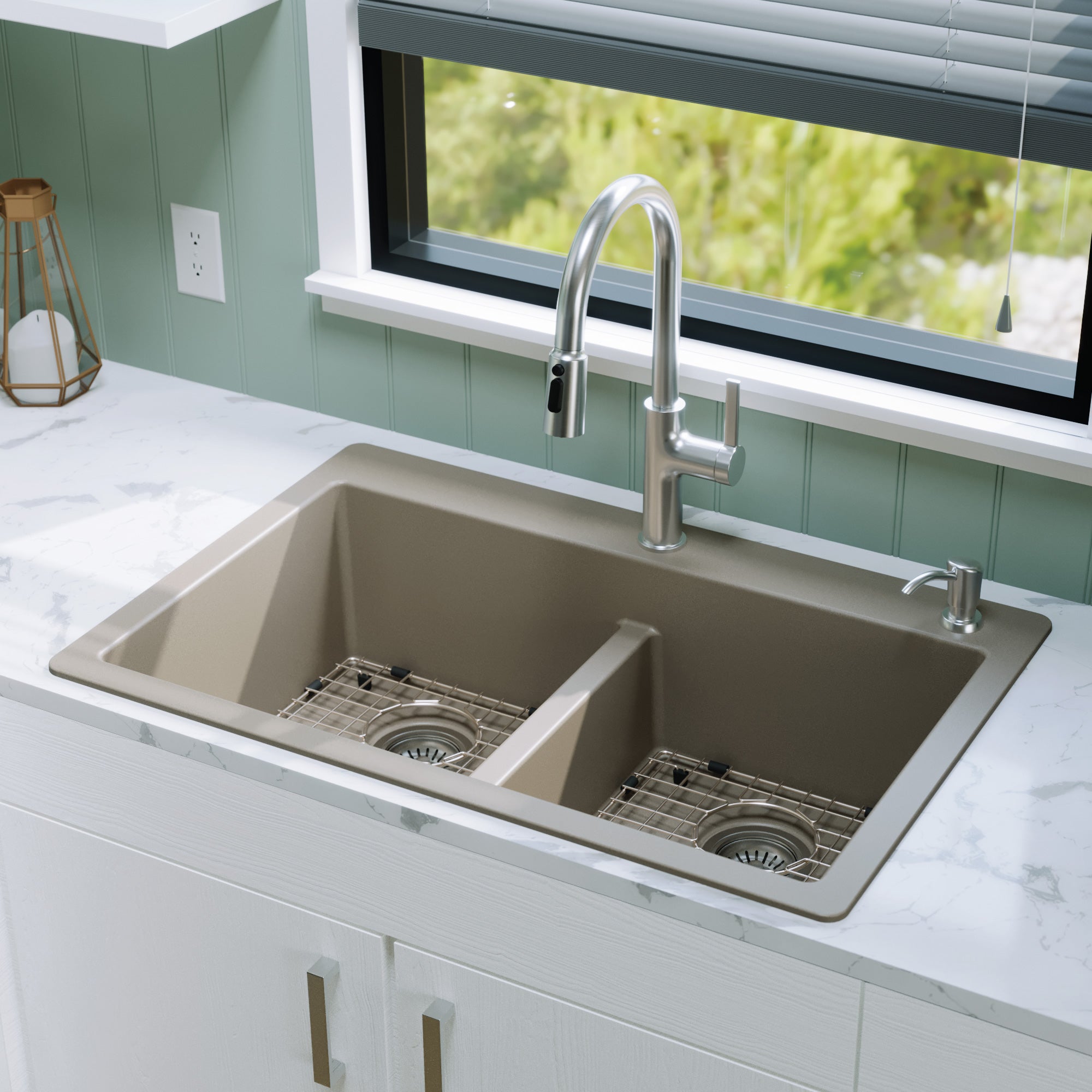 QT-810 Drop-In Quartz Composite 33 inch Double Equal Bowl Kitchen