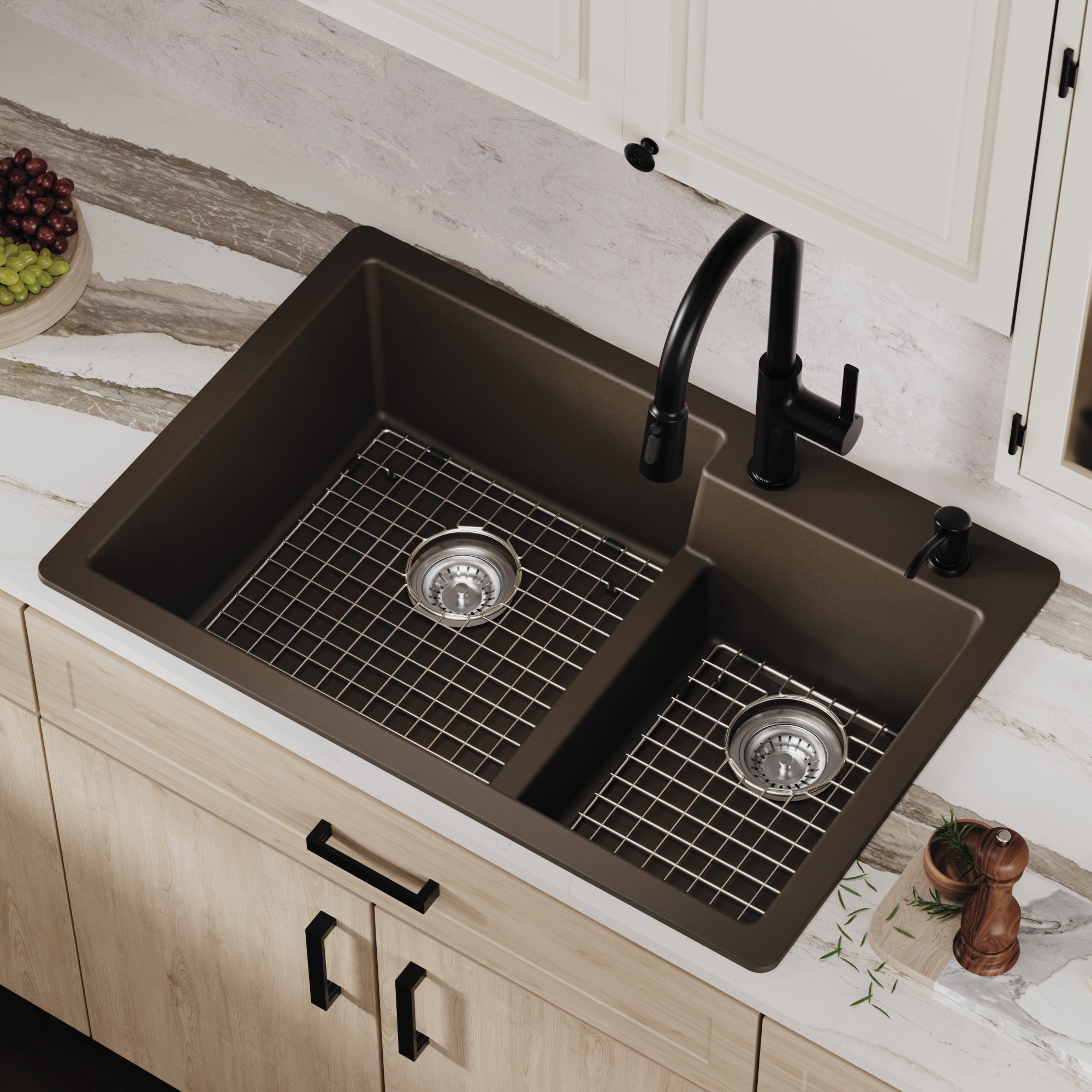 QT-811 Drop-In Quartz Composite 33 inch Large/Small Bowl Kitchen