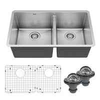 Elite 32" Undermount 16 Gauge Double Bowl Stainless Steel Kitchen Sink with Accessories