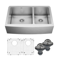 Elite 33" Apron Front 16 Gauge Double Offset Bowl Stainless Steel Kitchen Sink with Accessories