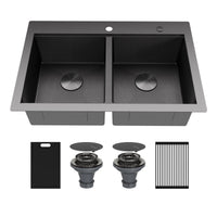 Matrix 33" Top Mount Workstation 16 Gauge Double Bowl Stainless Steel Kitchen Sink In Gunmetal Grey with Accessories