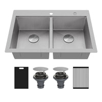 Matrix 33" Top Mount Workstation 16 Gauge Double Bowl Stainless Steel Kitchen Sink with Accessories
