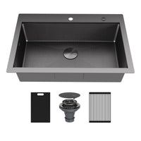 Matrix 33" Top Mount Workstation 16 Gauge Single Bowl Stainless Steel Kitchen Sink In Gunmetal Grey with Accessories