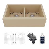 34" Farmhouse Double Equal Bowl Quartz Composite Kitchen Sink Kit In Bisque
