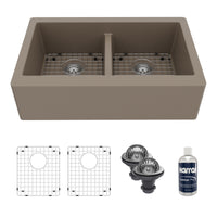 34" Farmhouse Double Equal Bowl Quartz Composite Kitchen Sink Kit In Concrete