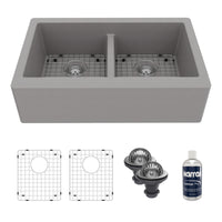 34" Farmhouse Double Equal Bowl Quartz Composite Kitchen Sink Kit In Grey
