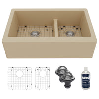 34" Farmhouse Double Offset Bowl Quartz Composite Kitchen Sink Kit In Bisque