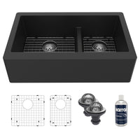 34" Farmhouse Double Offset Bowl Quartz Composite Kitchen Sink Kit In Black