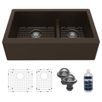 34" Farmhouse Double Offset Bowl Quartz Composite Kitchen Sink Kit In Brown