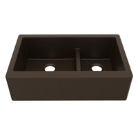 34" Farmhouse Double Offset Bowl Quartz Composite Kitchen Sink In Brown