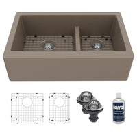 34" Farmhouse Double Offset Bowl Quartz Composite Kitchen Sink Kit In Concrete