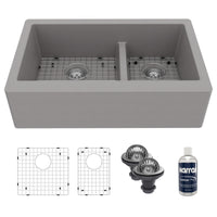 34" Farmhouse Double Offset Bowl Quartz Composite Kitchen Sink Kit In Grey