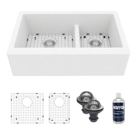 34" Farmhouse Double Offset Bowl Quartz Composite Kitchen Sink Kit In White
