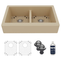 34" Retrofit Farmhouse Double Equal Bowl Quartz Composite Kitchen Sink Kit In Bisque