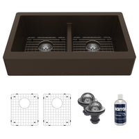 34" Retrofit Farmhouse Double Equal Bowl Quartz Composite Kitchen Sink Kit In Brown
