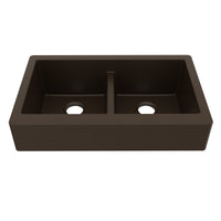 34" Retrofit Farmhouse Double Equal Bowl Quartz Composite Kitchen Sink In Brown