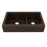 34" Retrofit Farmhouse Double Offset Bowl Quartz Composite Kitchen Sink In Brown
