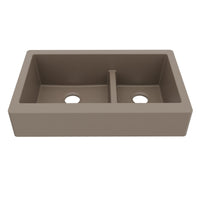34" Retrofit Farmhouse Double Offset Bowl Quartz Composite Kitchen Sink In Concrete