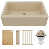 34" Deep Apron Front Single Bowl Quartz Kitchen Sink Kit In Bisque