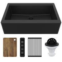 34" Deep Apron Front Single Bowl Quartz Kitchen Sink Kit In Black