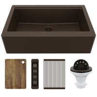 34" Deep Apron Front Single Bowl Quartz Kitchen Sink Kit In Brown