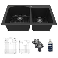 33" Top Mount Double Offset Bowl Quartz Composite Kitchen Sink Kit In Black