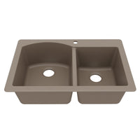 33" Top Mount Double Offset Bowl Quartz Composite Kitchen Sink In Concrete