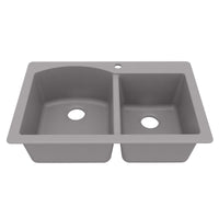 33" Top Mount Double Offset Bowl Quartz Composite Kitchen Sink In Grey