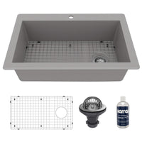 33" Top Mount Large Single Bowl Quartz Composite Kitchen Sink Kit In Grey