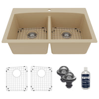 33" Top Mount Double Equal Bowl Quartz Composite Kitchen Sink Kit In Bisque