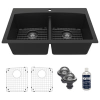 33" Top Mount Double Equal Bowl Quartz Composite Kitchen Sink Kit In Black