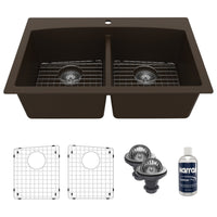 33" Top Mount Double Equal Bowl Quartz Composite Kitchen Sink Kit In Brown