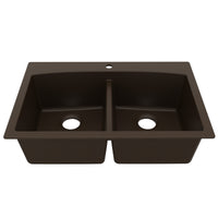 33" Top Mount Double Equal Bowl Quartz Composite Kitchen Sink In Brown