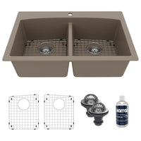 33" Top Mount Double Equal Bowl Quartz Composite Kitchen Sink Kit In Concrete