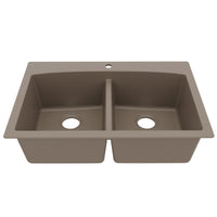 33" Top Mount Double Equal Bowl Quartz Composite Kitchen Sink In Concrete