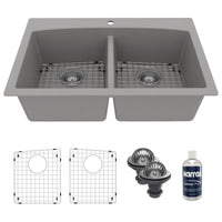33" Top Mount Double Equal Bowl Quartz Composite Kitchen Sink Kit In Grey