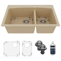 33" Top Mount Double Offset Bowl Quartz Composite Kitchen Sink Kit In Bisque