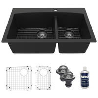 33" Top Mount Double Offset Bowl Quartz Composite Kitchen Sink Kit In Black